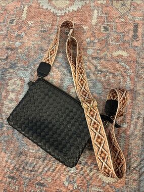 Black Woven Crossbody Bag with Patterned Strap